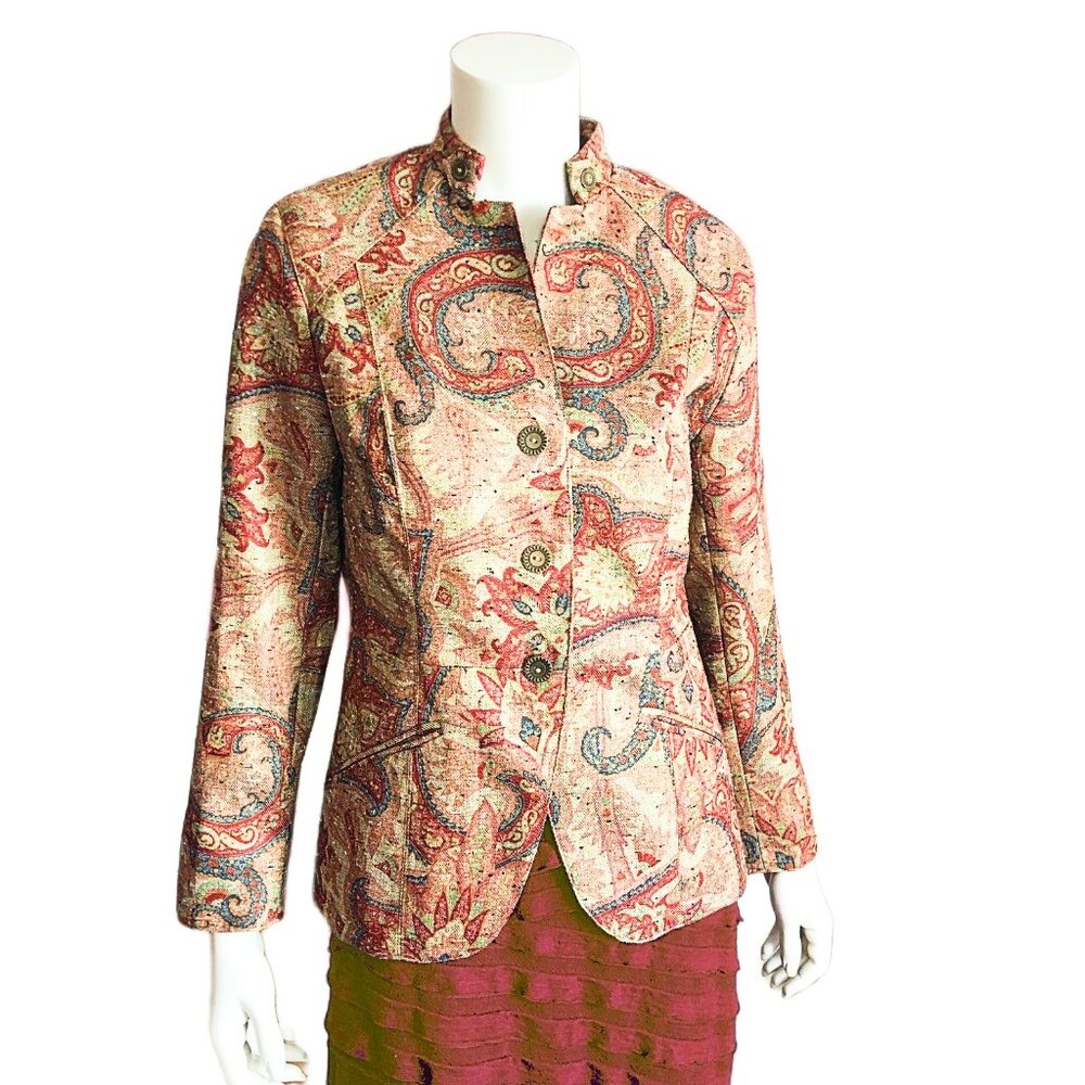 Coldwater Creek Paisley Jacquard Band Collar Blazer Jacket Size 10